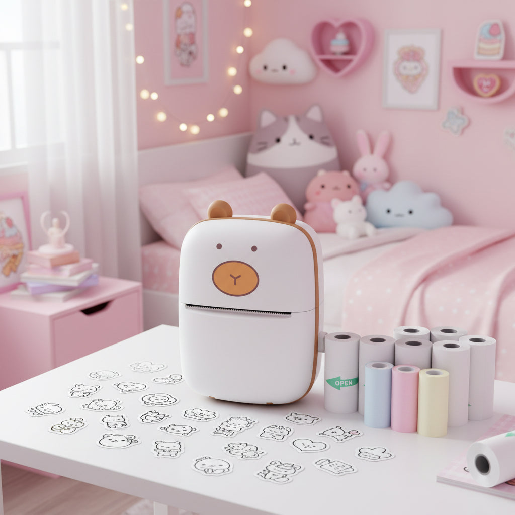 Cute animal-shaped printer with additional paper and stickers on a white background