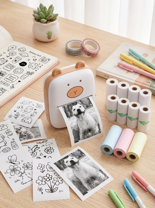 Small photo printer on a table with printed photos, design sheets, and stationery items.