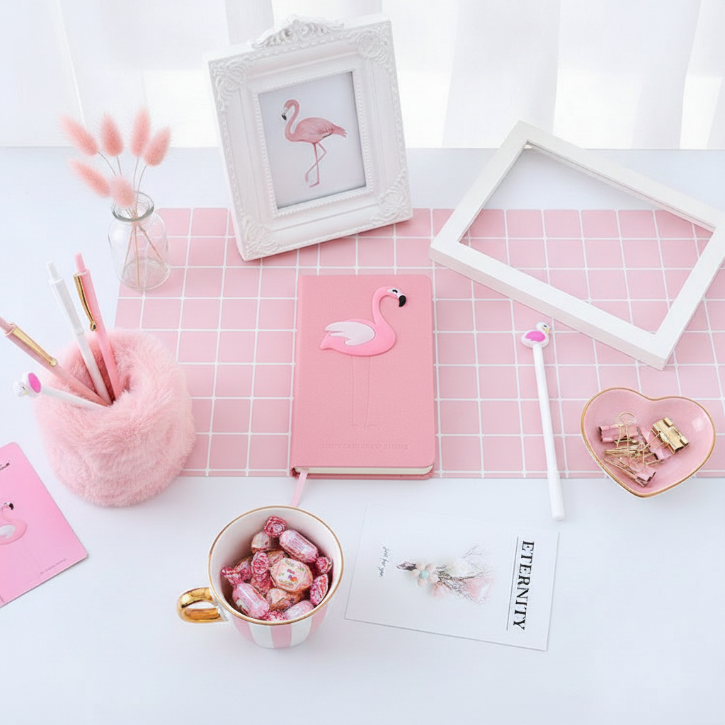 A styled flat-lay of pink stationery and decor on a white surface with a pink grid mat. Visible items include a pink notebook with a flamingo emblem, a fluffy pink pen holder with pens, a pink flamingo picture frame, an empty white frame, a heart-shaped dish with small pink accessories, a mug with pink candy, and a card reading ETERNITY.