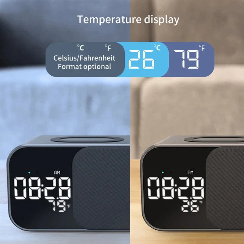 LED Alarm Clock with Bluetooth, Wireless Charging Station, and FM Radio
